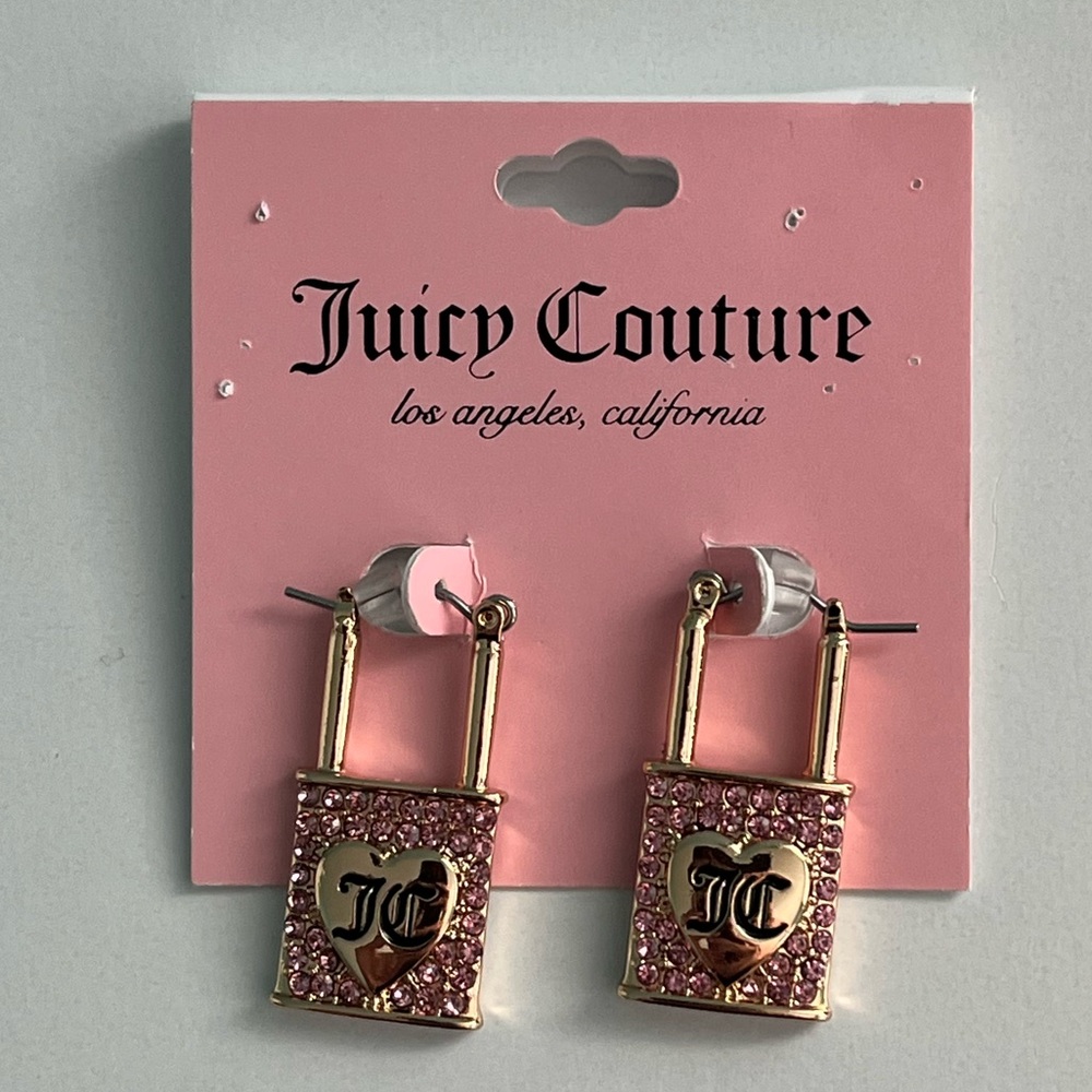 Juicy Couture GoldTone Pink Pave Lock Earrings